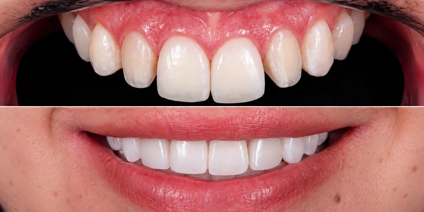 Before on top: small cone-shaped lateral teeth. After below: natural lateral teeth